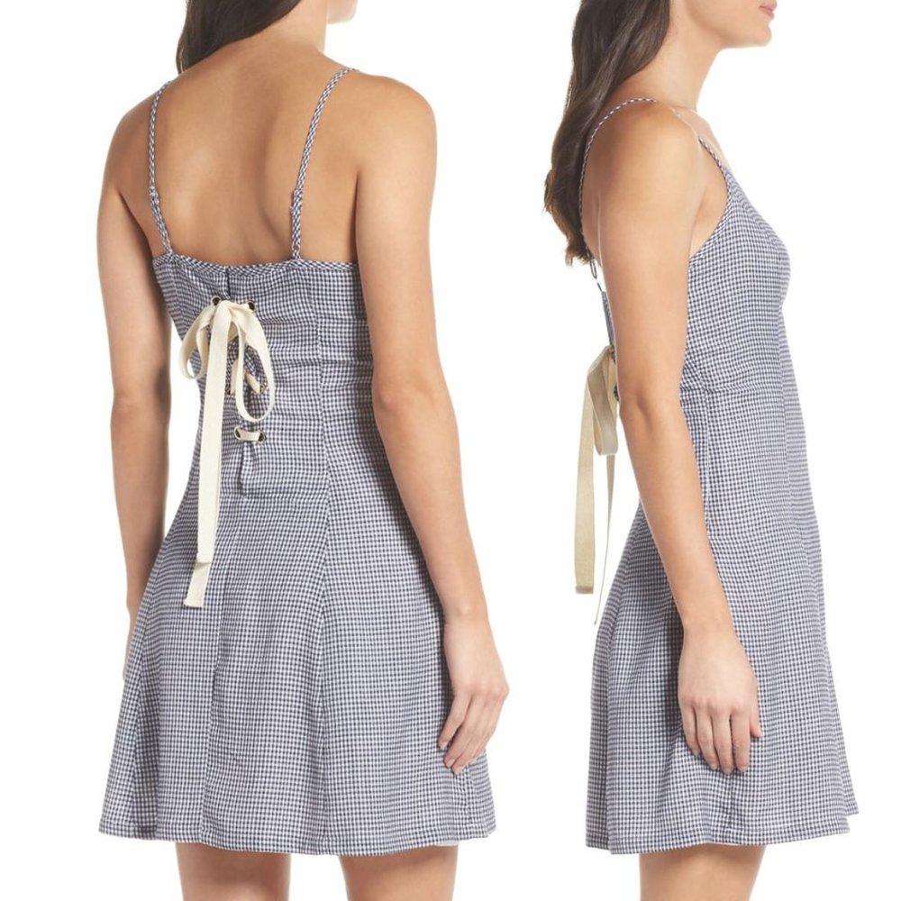 First Monday Navy Gingham Laced Up Skater Dress - Picture 6 of 7